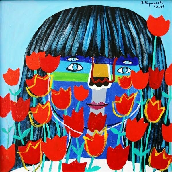 Zbigniew KupczyÅ„ski Portret z tulipanami, 2001 r. akryl, plotno